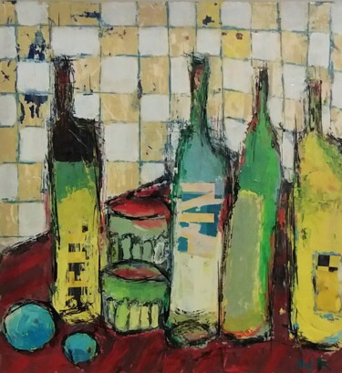 Painting titled "DANS LA CUISINE" by Germain Henneka, Original Artwork, Acrylic Mounted on Cardboard