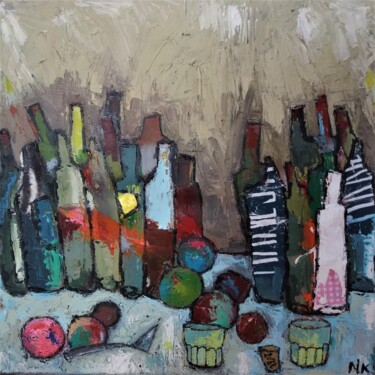 Painting titled "BOUTEILLES, VERRES,…" by Germain Henneka, Original Artwork, Acrylic Mounted on Wood Stretcher frame