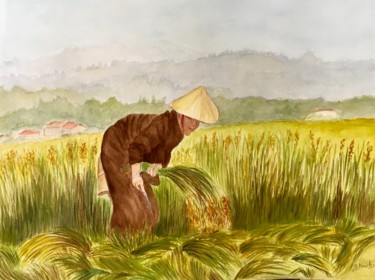 Pintura titulada "Récolte du riz au V…" por Germaine Mauclere, Obra de arte original, Acuarela
