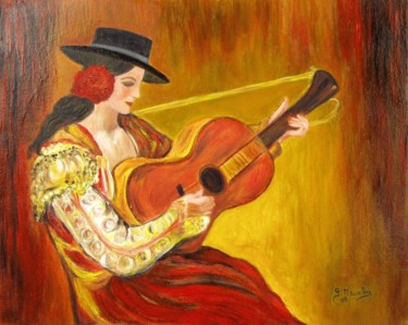 Pintura titulada "La guitariste" por Germaine Mauclere, Obra de arte original, Oleo