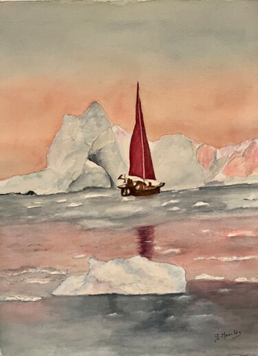 Painting titled "Voile rouge en Arct…" by Germaine Mauclere, Original Artwork, Watercolor