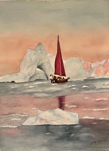 Peinture intitulée "Voile rouge en Arct…" par Germaine Mauclere, Œuvre d'art originale, Aquarelle