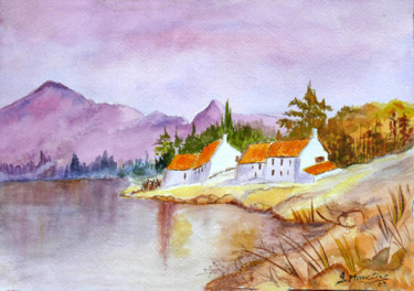 Painting titled "Les bords du lac" by Germaine Mauclere, Original Artwork, Watercolor Mounted on Other rigid panel