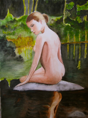 Peinture intitulée "nue-sur-le-rocher.j…" par Germaine Mauclere, Œuvre d'art originale