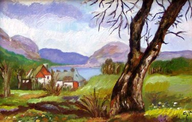 Peinture intitulée "La-maison-du-lac.jpg" par Germaine Mauclere, Œuvre d'art originale, Huile