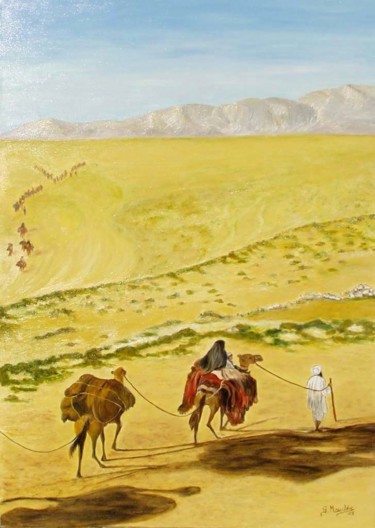 Schilderij getiteld "Caravane-du-desert.…" door Germaine Mauclere, Origineel Kunstwerk, Olie