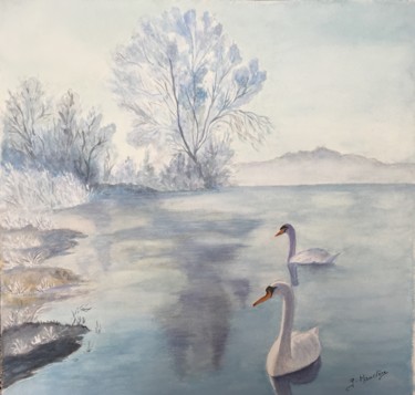 Painting titled "Les cygnes" by Germaine Mauclere, Original Artwork, Watercolor