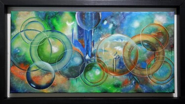 Malerei mit dem Titel "Planets and Bubbles" von German Bradley, Original-Kunstwerk, Öl