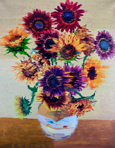 Painting titled "Purple Sunflowers" by Gerry Chapleski, Original Artwork, Oil Mounted on Wood Stretcher frame