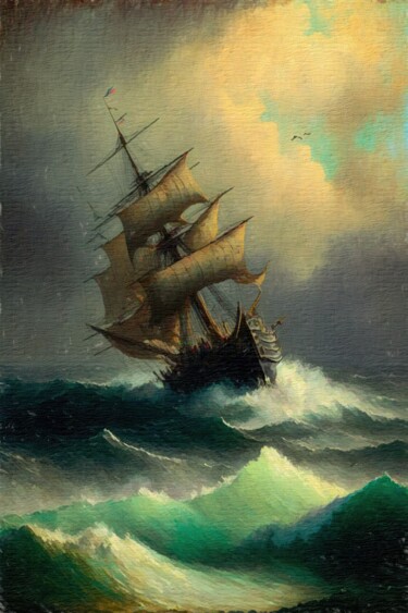 Digital Arts titled "Ship In The Stormy…" by Gerry Martinez, Original Artwork, Digital Painting