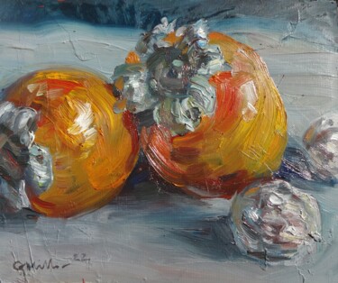 Painting titled "Kakis + Walnuts" by Gerry Miller, Original Artwork, Oil