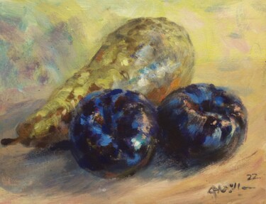 Painting titled "2 Plums+Pear" by Gerry Miller, Original Artwork, Acrylic