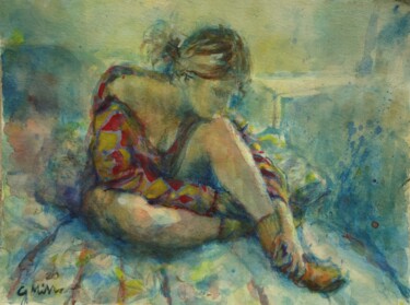 Painting titled "Aquarelle, young wo…" by Gerry Miller, Original Artwork, Watercolor