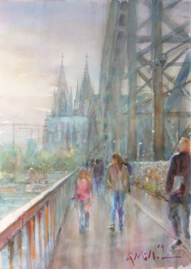 Картина под названием "View from the Bridg…" - Gerry Miller, Подлинное произведение искусства, Акварель