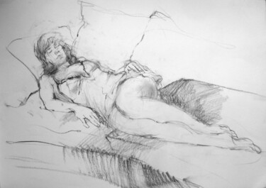 Disegno intitolato "On the couch, far a…" da Gerry Miller, Opera d'arte originale, Matite colorate