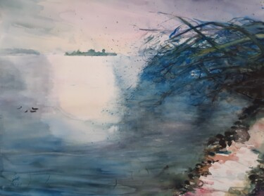 Malerei mit dem Titel "Chiemsee, Frauenins…" von Gertraud Haunerdinger, Original-Kunstwerk, Aquarell Auf Karton montiert