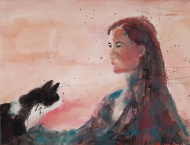 Malerei mit dem Titel "Mensch und Katze" von Gertraud Haunerdinger, Original-Kunstwerk, Aquarell Auf Karton montiert