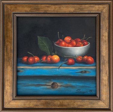 Painting titled "Still life-cherries…" by Gevorg Sinanyan, Original Artwork, Oil Mounted on Wood Stretcher frame
