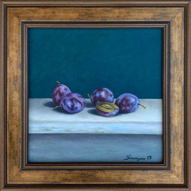Painting titled "Still life-plums(25…" by Gevorg Sinanyan, Original Artwork, Oil Mounted on Wood Stretcher frame