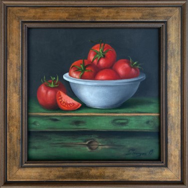 Painting titled "Still life-tomatoes…" by Gevorg Sinanyan, Original Artwork, Oil Mounted on Wood Stretcher frame