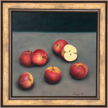 Painting titled "Still life-apple (4…" by Gevorg Sinanyan, Original Artwork, Oil Mounted on Wood Stretcher frame