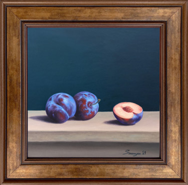 Painting titled "Still life plums (2…" by Gevorg Sinanyan, Original Artwork, Oil Mounted on Wood Stretcher frame