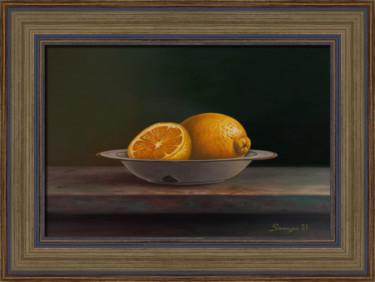 Painting titled "Lemons (23x43cm, oi…" by Gevorg Sinanyan, Original Artwork, Oil Mounted on Wood Panel