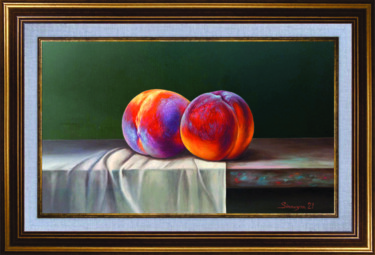 Painting titled "Peaches (30x45cm, o…" by Gevorg Sinanyan, Original Artwork, Oil Mounted on Wood Stretcher frame