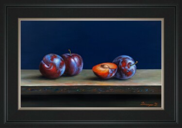 Painting titled "Still life red plum…" by Gevorg Sinanyan, Original Artwork, Oil Mounted on Other rigid panel