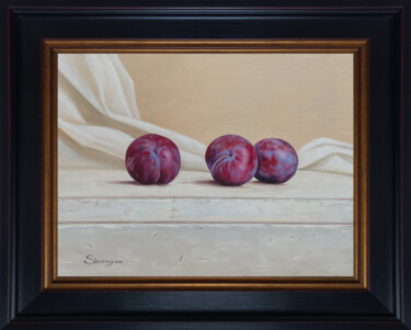 Painting titled "Still life - plums…" by Gevorg Sinanyan, Original Artwork, Oil Mounted on Wood Stretcher frame