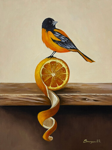 Schilderij getiteld "Citrus Songbird" door Gevorg Sinanyan, Origineel Kunstwerk, Olie Gemonteerd op Frame voor houten branca…