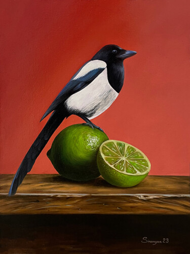 Painting titled "Magpie’s Citrus Mom…" by Gevorg Sinanyan, Original Artwork, Oil Mounted on Wood Stretcher frame