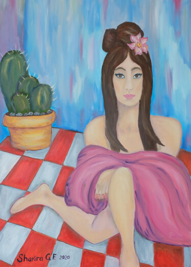Картина под названием "Девушка с кактусом" - Gf Shakira, Подлинное произведение искусства, Масло