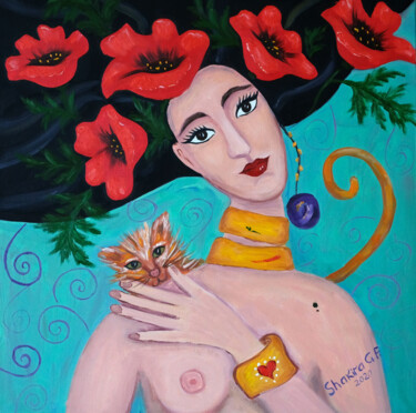 Painting titled "Девушка в маках" by Gf Shakira, Original Artwork, Oil