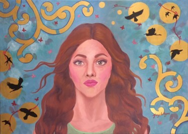 Malerei mit dem Titel "Lady Amidst Crows" von Ghazala Nizami, Original-Kunstwerk, Acryl