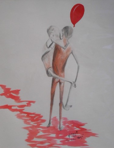 Dessin intitulée "Le ballon rouge" par Ghislaine Driutti, Œuvre d'art originale, Encre