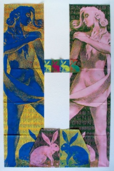 Collages intitulée "Lapin bleu" par Ghezzi, Œuvre d'art originale