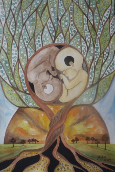 Pintura intitulada "Yin Yang Life Tree" por Ghislaine, Obras de arte originais, Aquarela