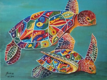 Malerei mit dem Titel "Pop Art Turtles" von Ghislaine, Original-Kunstwerk, Acryl