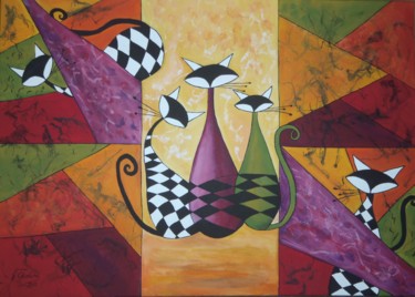 Painting titled "Crazy Cats" by Ghislaine, Original Artwork, Acrylic