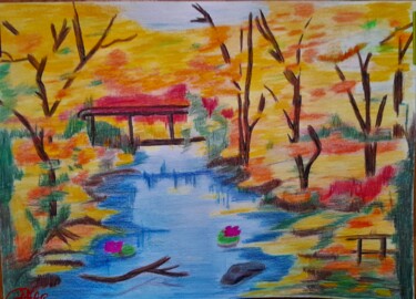 Desenho intitulada "LE PETIT PONT" por Ghislaine Chedebois (Gimar), Obras de arte originais, Aquarela