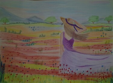 Dessin intitulée "Jeune fille aux coq…" par Ghislaine Chedebois (Gimar), Œuvre d'art originale, Crayon