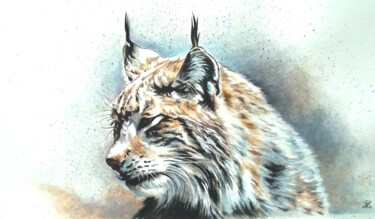 Painting titled "A l'écoute- Lynx bo…" by Ghislaine Letourneur, Original Artwork, Gouache Mounted on Cardboard