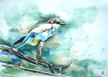 Painting titled "Repu sur ma branche…" by Ghislaine Letourneur, Original Artwork, Watercolor Mounted on Cardboard