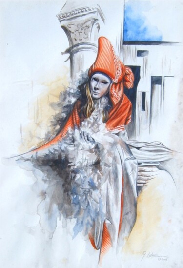 Painting titled "Mystère en orange e…" by Ghislaine Letourneur, Original Artwork, Watercolor Mounted on Cardboard