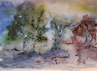 Painting titled "Arbres colorés" by Ghislaine Rimmen-Mohl, Original Artwork, Watercolor