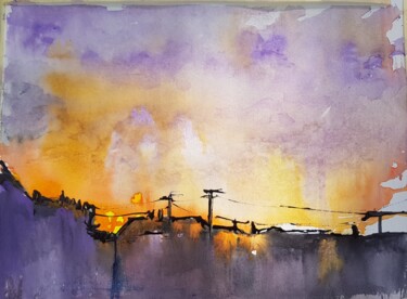 Peinture intitulée "coucher de soleil" par Ghislaine Rimmen-Mohl, Œuvre d'art originale, Aquarelle