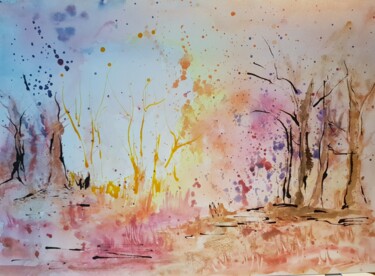 Peinture intitulée "Forêt colorée" par Ghislaine Rimmen-Mohl, Œuvre d'art originale, Encre
