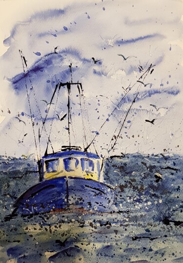 Peinture intitulée "bateau en pêche" par Ghislaine Rimmen-Mohl, Œuvre d'art originale, Aquarelle