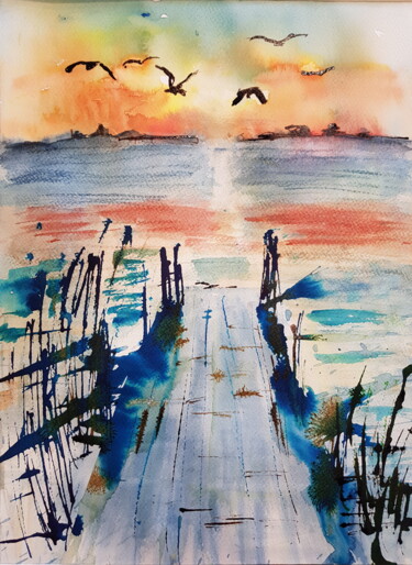 Malerei mit dem Titel "Le pont" von Ghislaine Rimmen-Mohl, Original-Kunstwerk, Aquarell